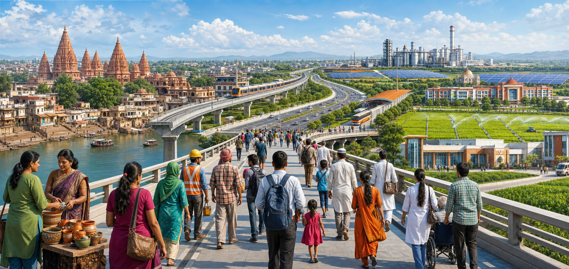 People from varied occupations cross a bridge linking a historic temple town with transit, farms, industry, a university, housing and public services.