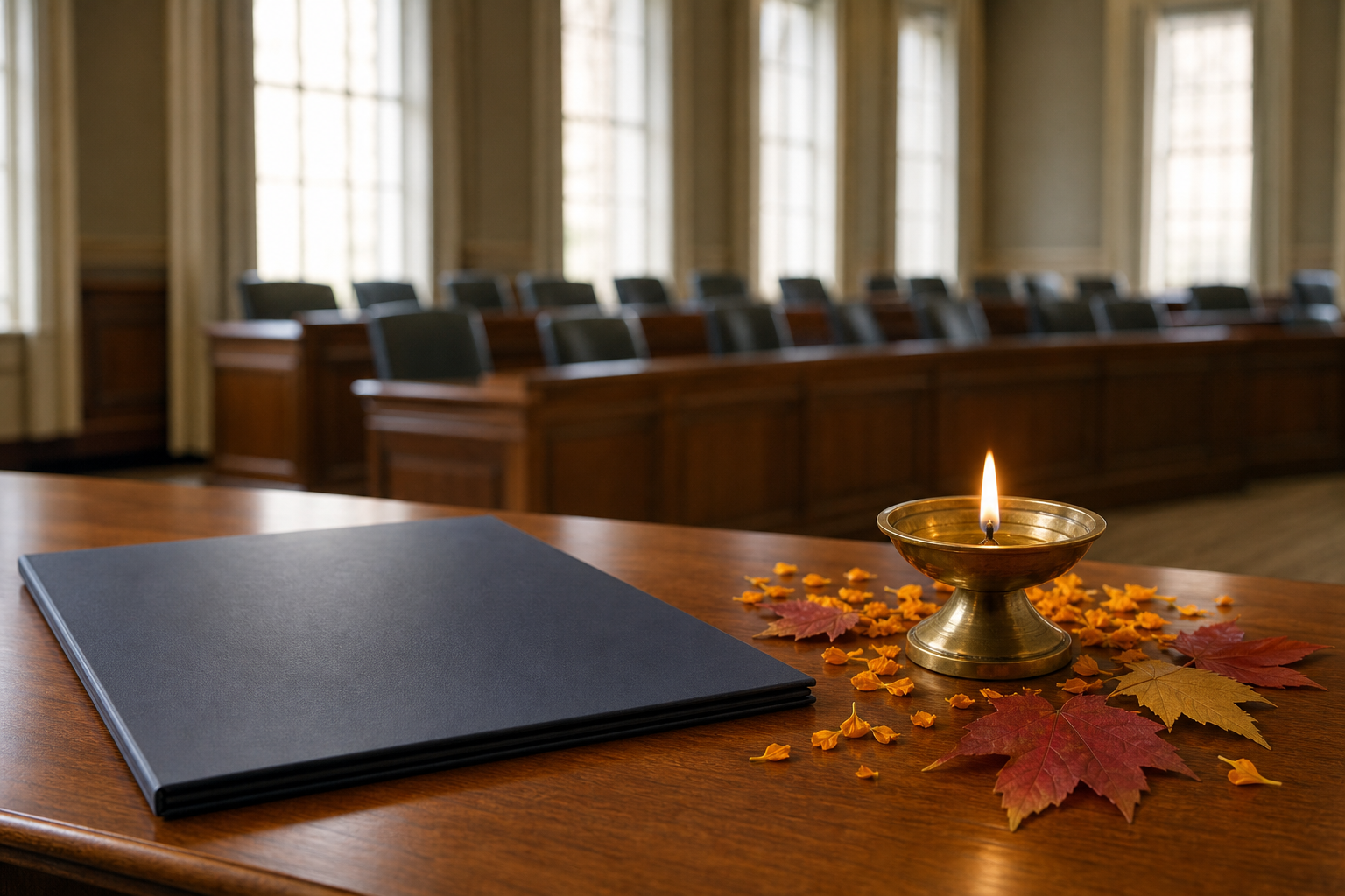 A blank proclamation folder, a burning brass lamp, marigold petals, and autumn leaves rest on a desk in an empty civic chamber.
