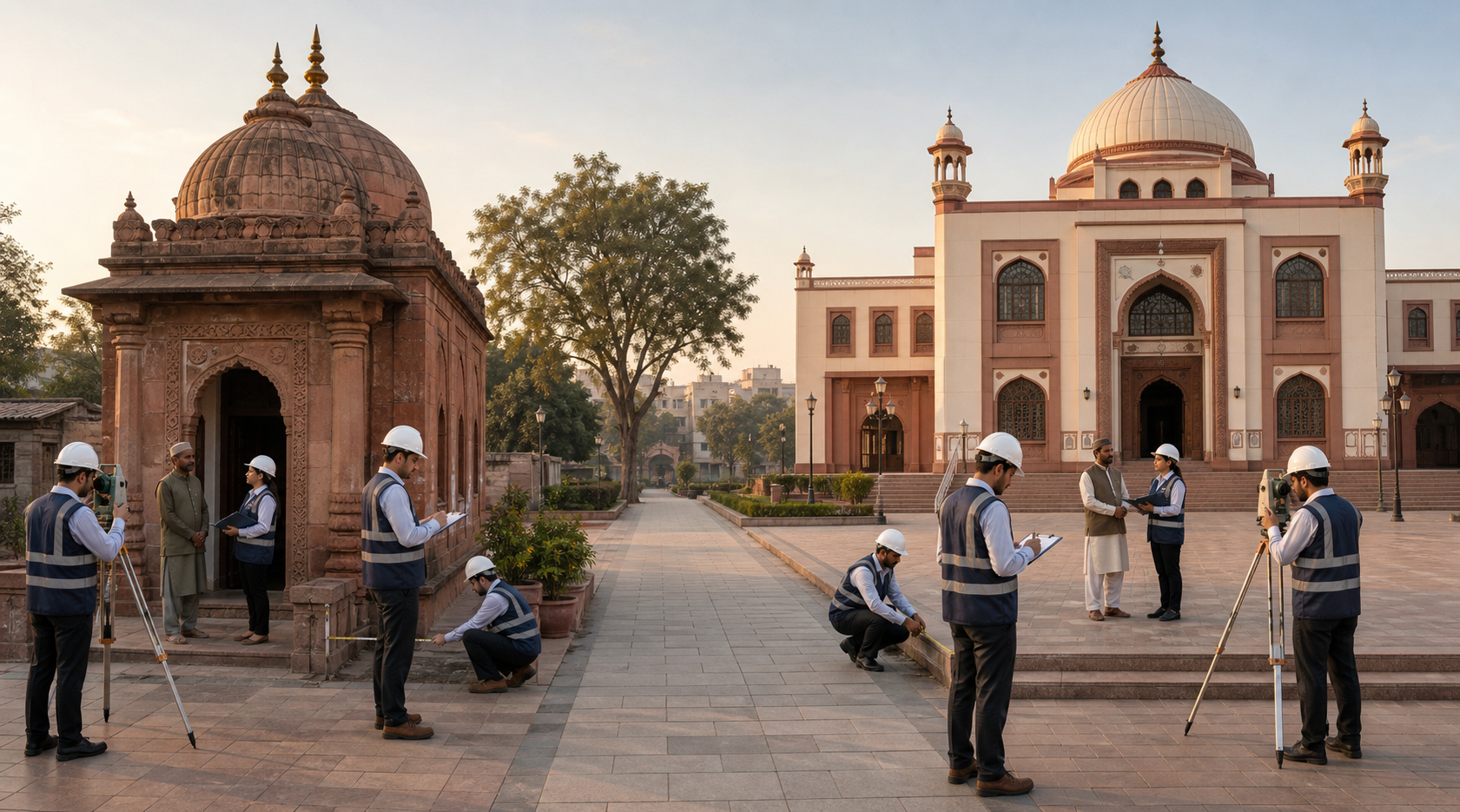 The same civic inspection team evaluates two differently designed religious sites using consistent tools and procedures adapted to each building.