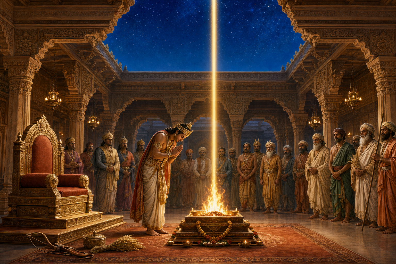 King Prthu bows before a fire altar as a vertical beam of golden light rises above the royal court and an empty throne.