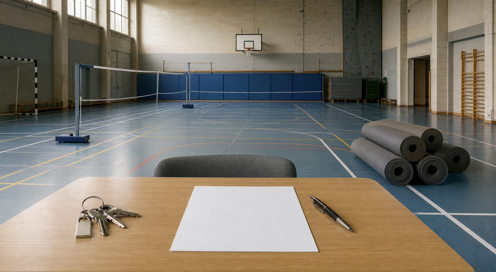 Rolled floor mats, sports equipment, keys, and a blank permit form sit inside an unchanged public sports hall.