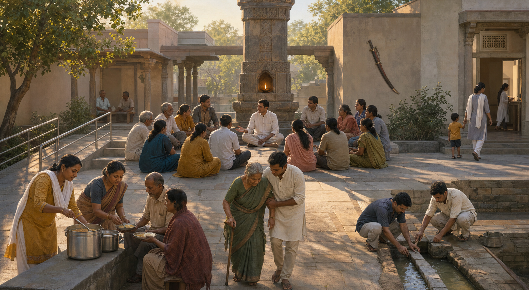A public official listens to citizens in a courtyard while volunteers serve food, assist an older person, repair a water channel and guide a child to a clinic.