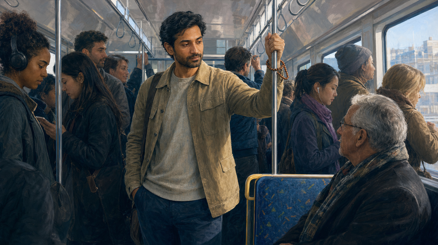 A calm commuter stands attentively in a crowded transit carriage while nearby passengers use phones and converse.