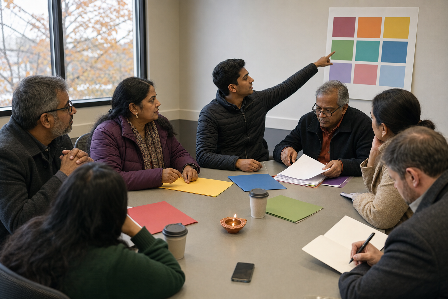Hindu community volunteers and local officials discuss plans around a conference table with folders, papers, and a small brass lamp.
