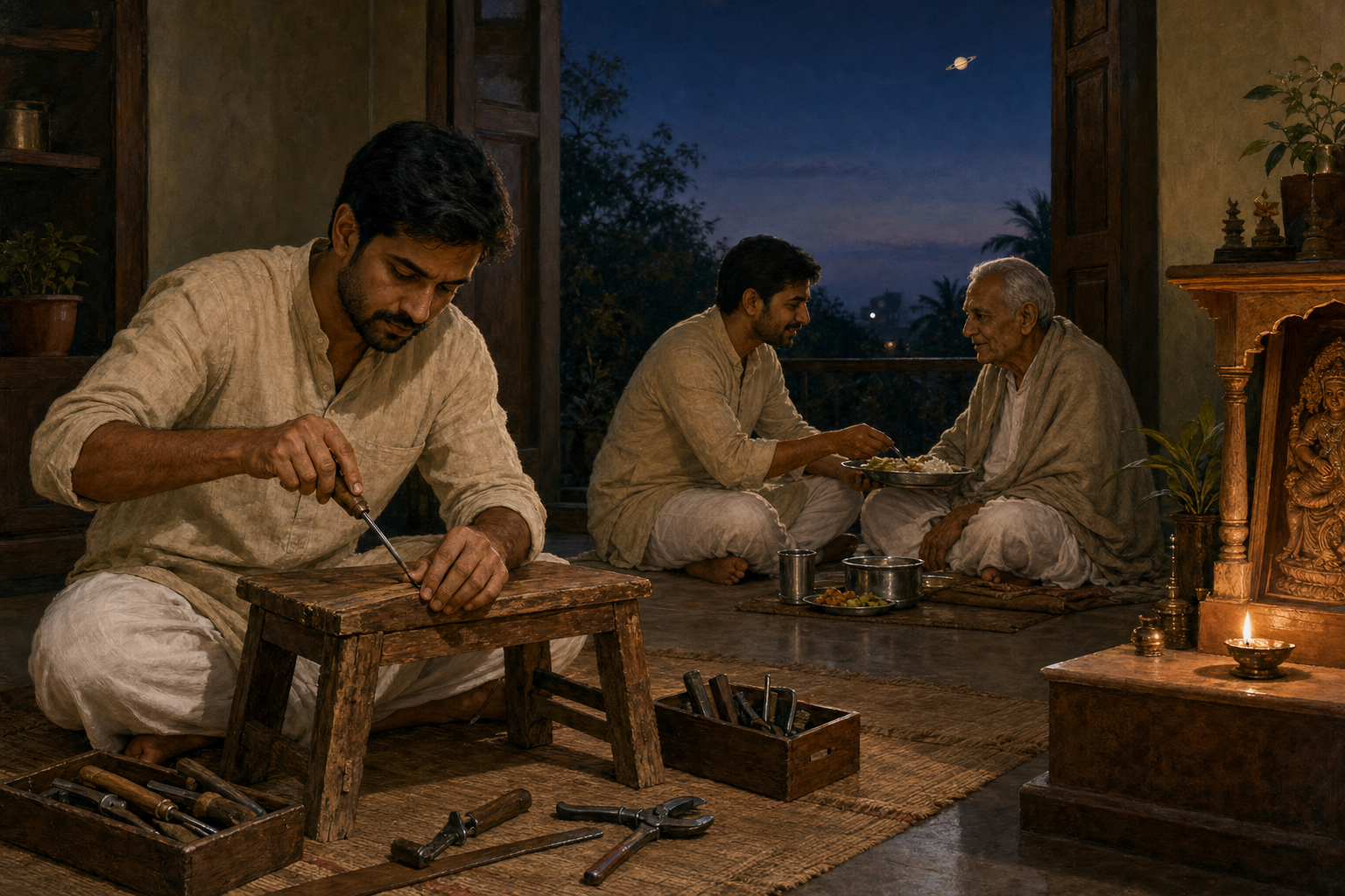A practitioner repairs a wooden stool, assists an elderly person, and keeps a small oil lamp burning at an evening shrine.