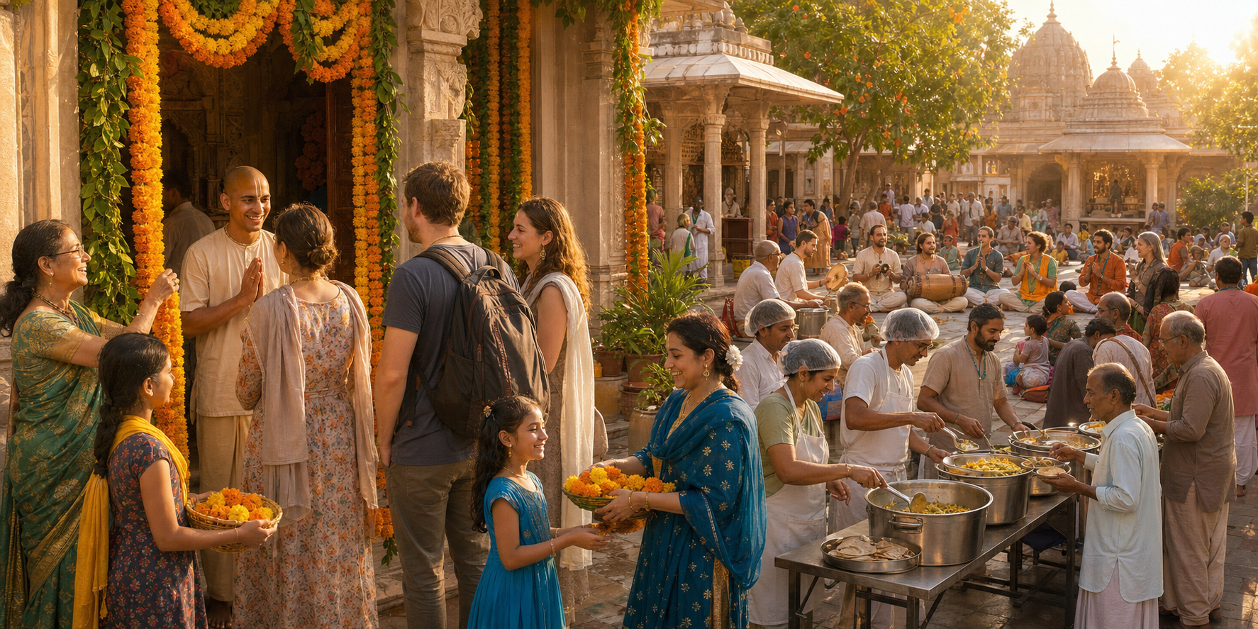 Volunteers welcome temple visitors, serve vegetarian meals, and lead music at a community festival in one temple courtyard.