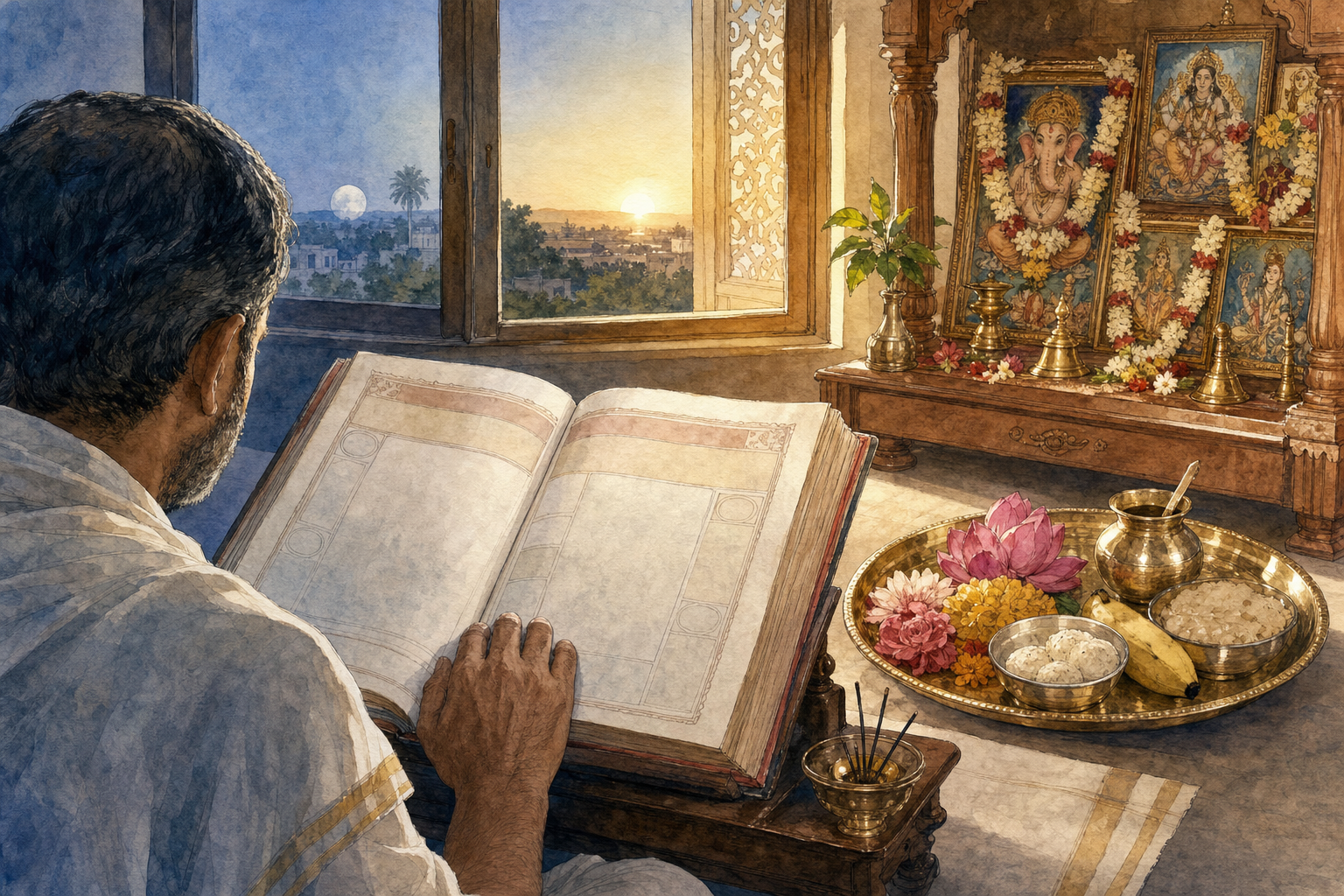 Families and visitors explore Hindu textiles, lamps, music, architecture, and rangoli patterns in a public library heritage display.