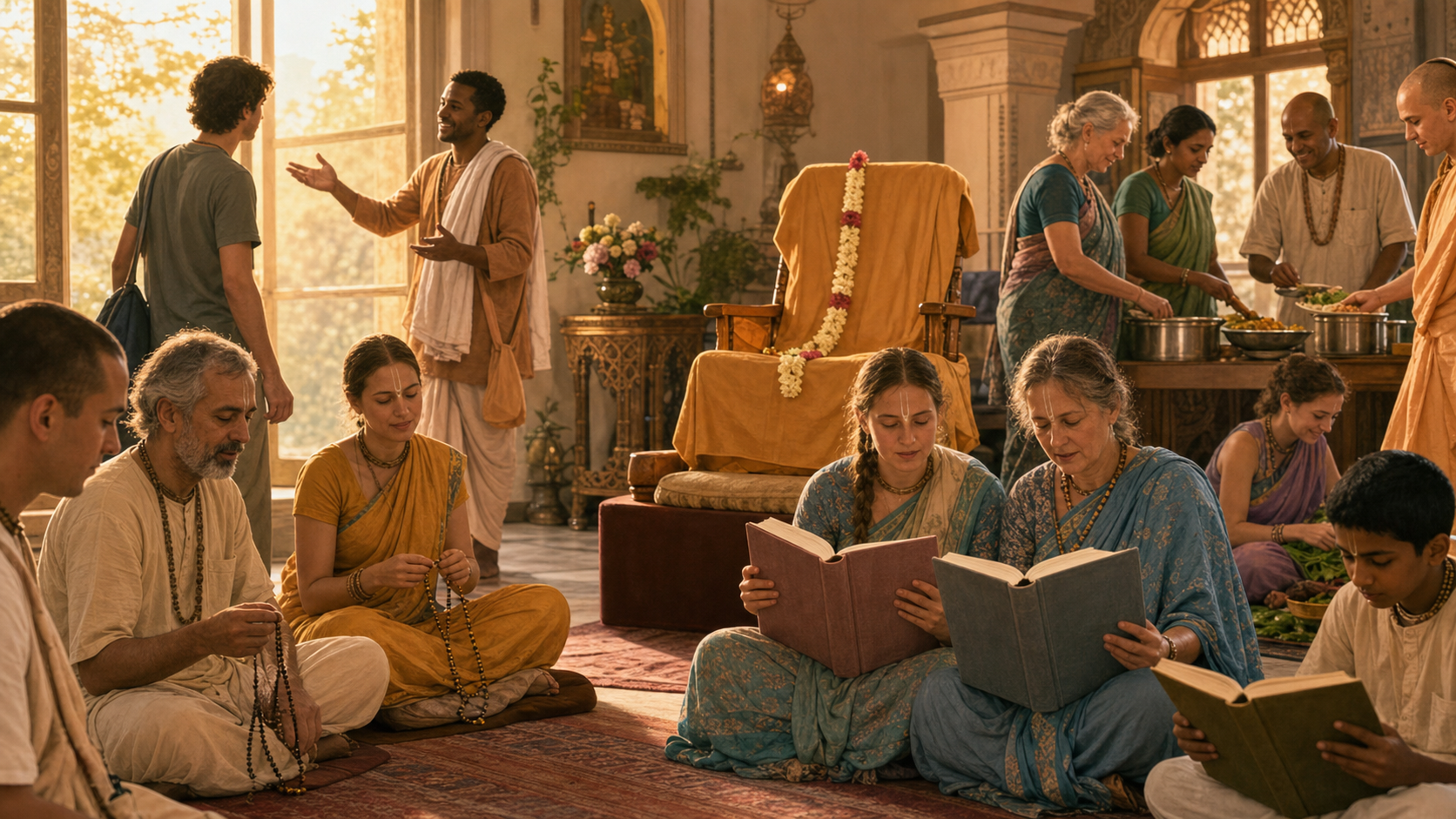 Devotees of different ages chant, study sacred books, prepare food, and welcome a visitor in a temple hall beside an empty saffron-draped teacher's seat.