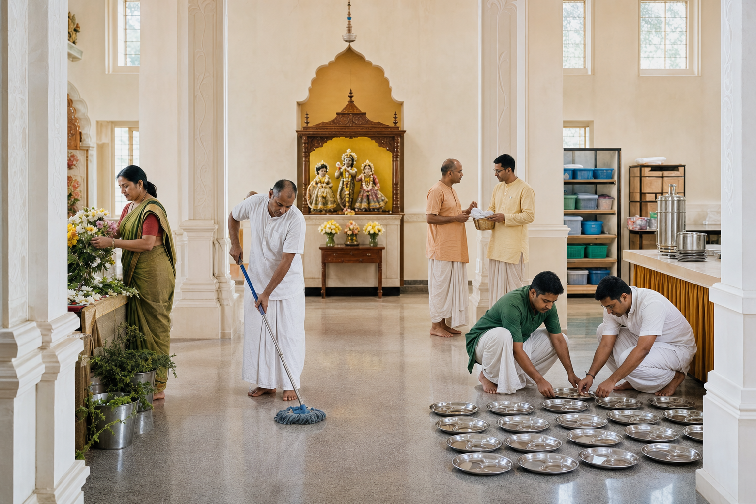 Temple volunteers arrange flowers, clean the floor, prepare reusable plates, and organize supplies in a devotional hall.