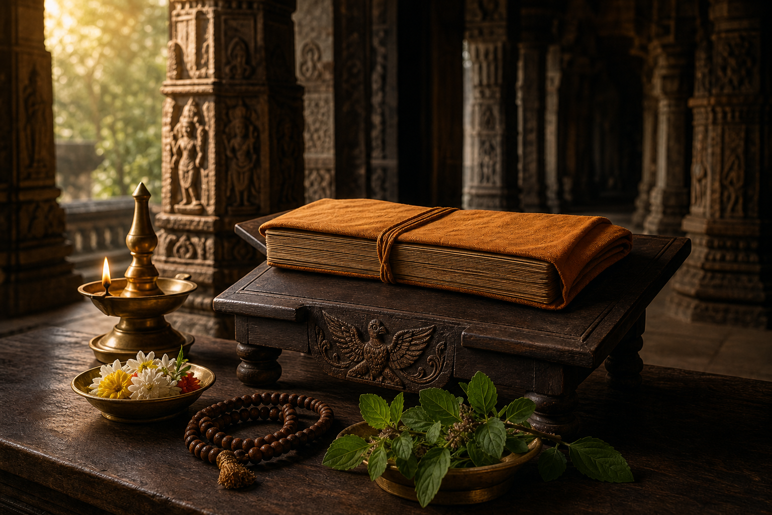 A wrapped palm-leaf manuscript on a wooden stand beside an oil lamp, prayer beads, tulasi leaves, and ritual vessels in a temple study chamber.