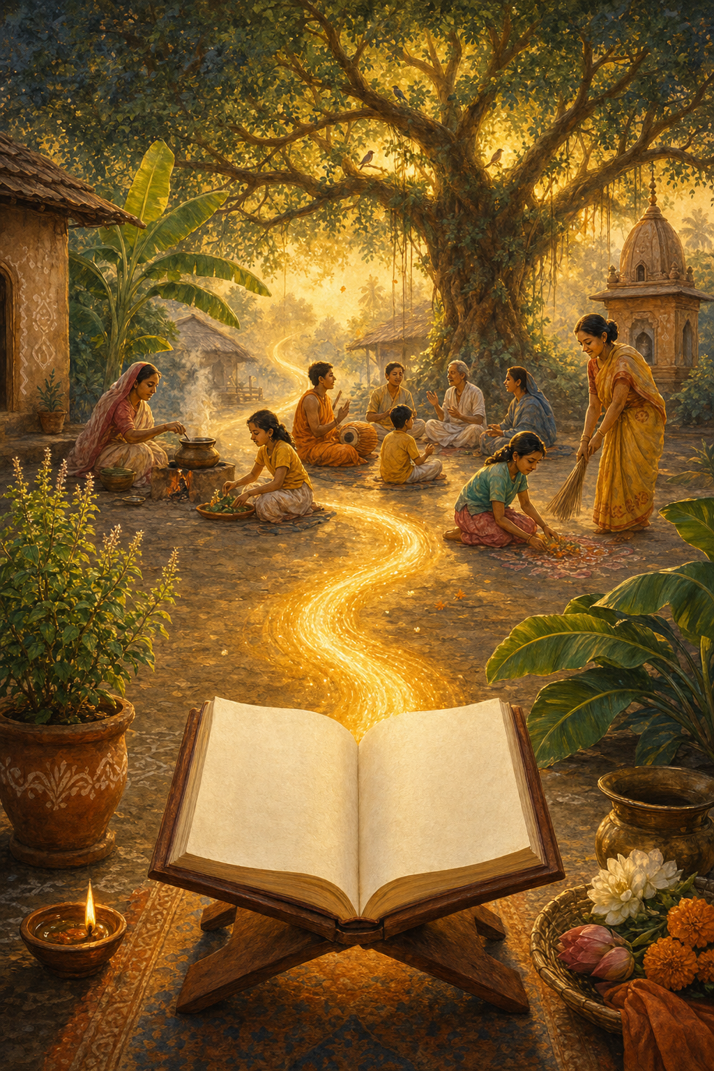 An open sacred book in a dawn courtyard leads toward devotees chanting, cooking, sweeping, and offering flowers beneath a flourishing tree.
