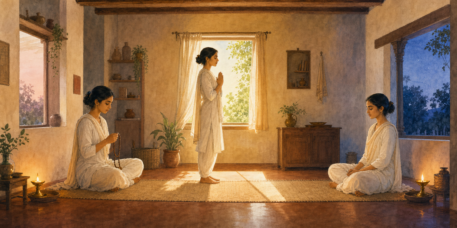 The same practitioner pauses for devotion at dawn, midday, and dusk in a simple room connected by changing natural light.