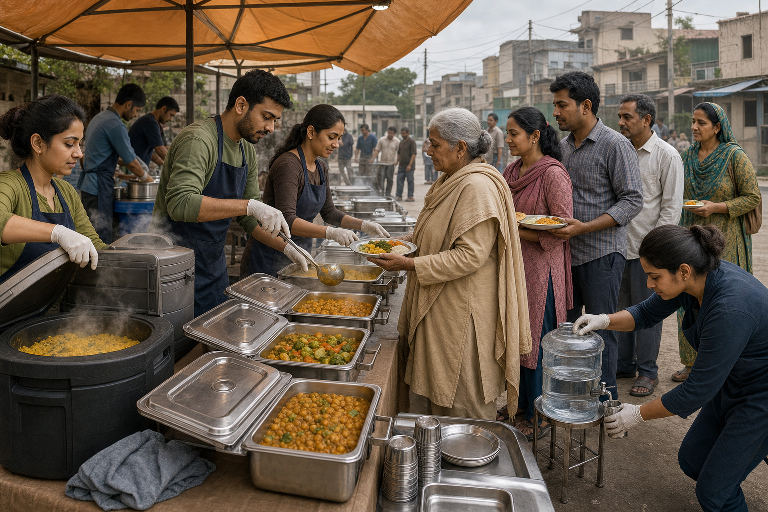 Volunteers deliver insulated food containers and serve hot vegetarian meals to residents at an orderly neighborhood distribution point.