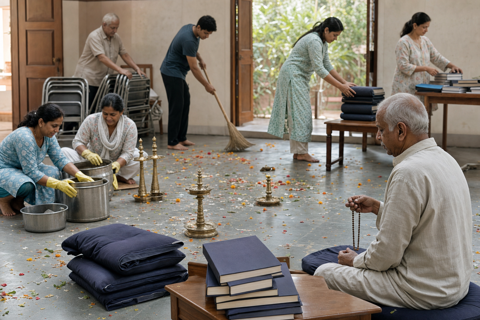 Volunteers clean a temple hall, wash feast pots, arrange meditation cushions, and resume chanting on the morning after a celebration.