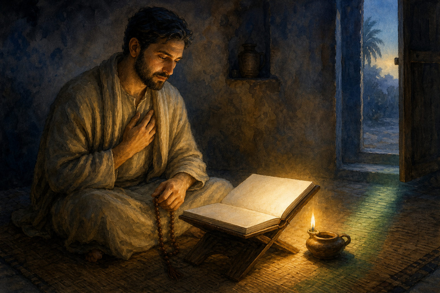 A reader pauses beside an oil lamp and open scripture as golden, white, and green light fills the quiet room.