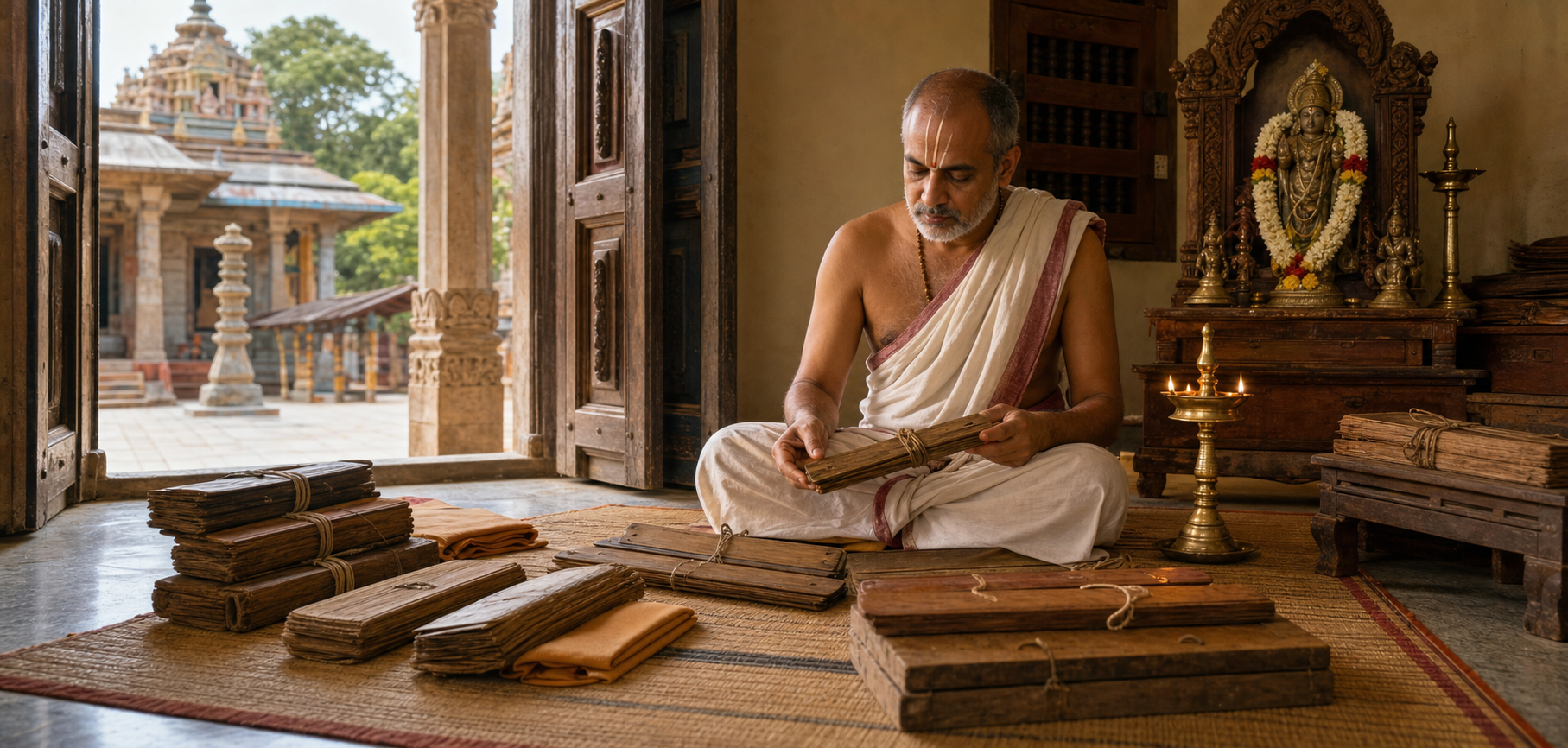 A scholar seated in a manuscript room examines palm-leaf bundles near a small Vaishnava shrine and an open doorway leading toward a temple.