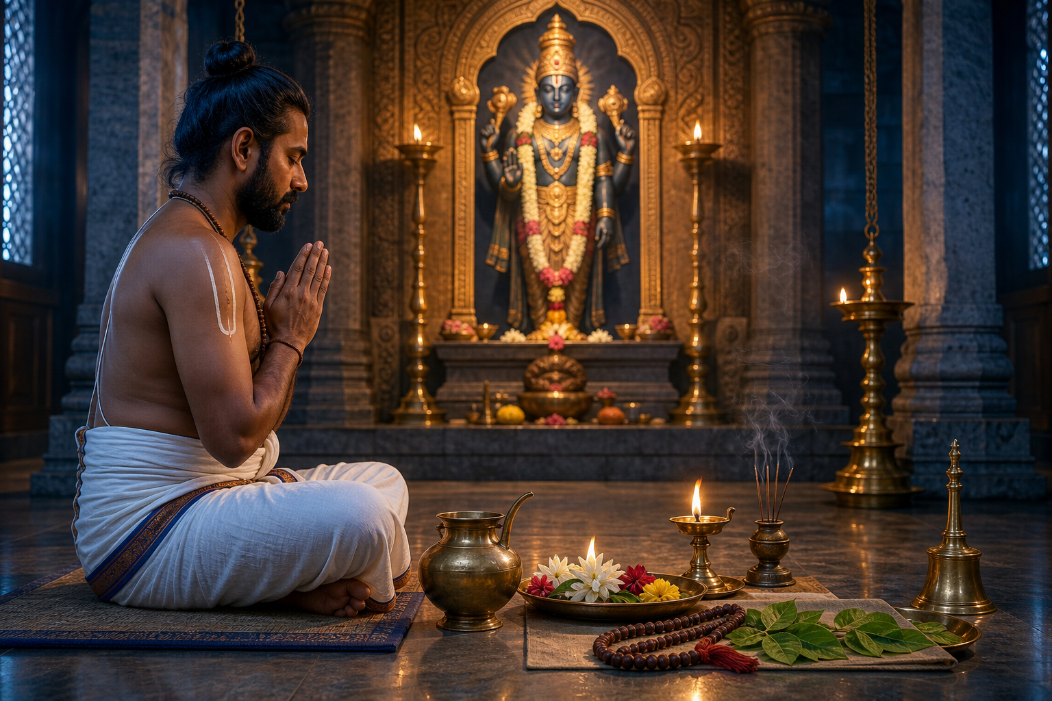 A Vaishnava practitioner performs worship before a temple shrine with flowers, tulasi leaves, prayer beads, lamps, and brass ritual vessels.