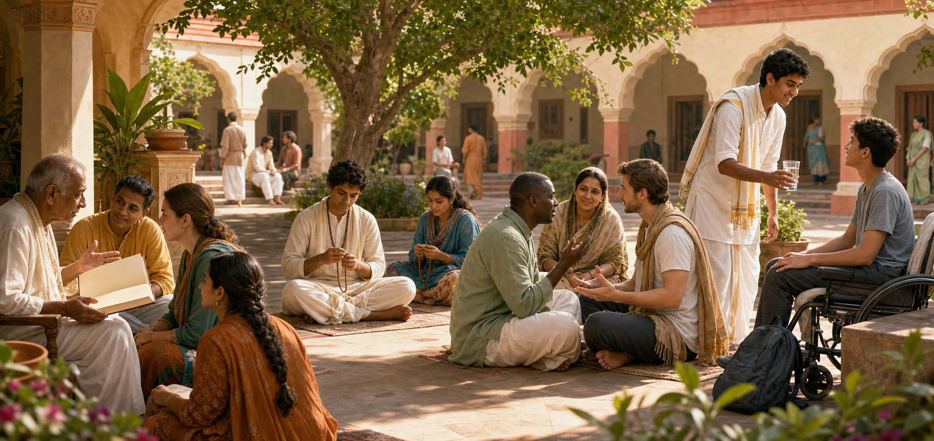 An intergenerational devotional community studies, chants, resolves a disagreement, and teaches a young volunteer to welcome a newcomer in a temple courtyard.
