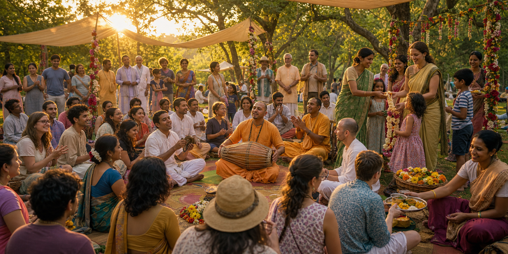 Musicians and visitors gather for devotional singing, flower garlands, and vegetarian food at an open-air park festival.