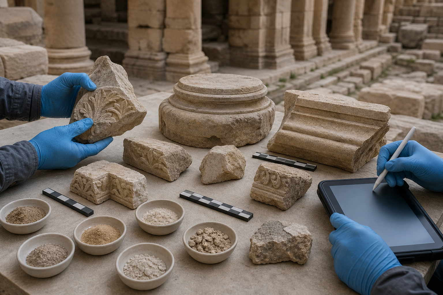 Archaeologists compare carved stone fragments, molding pieces, a pillar-base section, and mortar samples on a conservation table beside the complex.