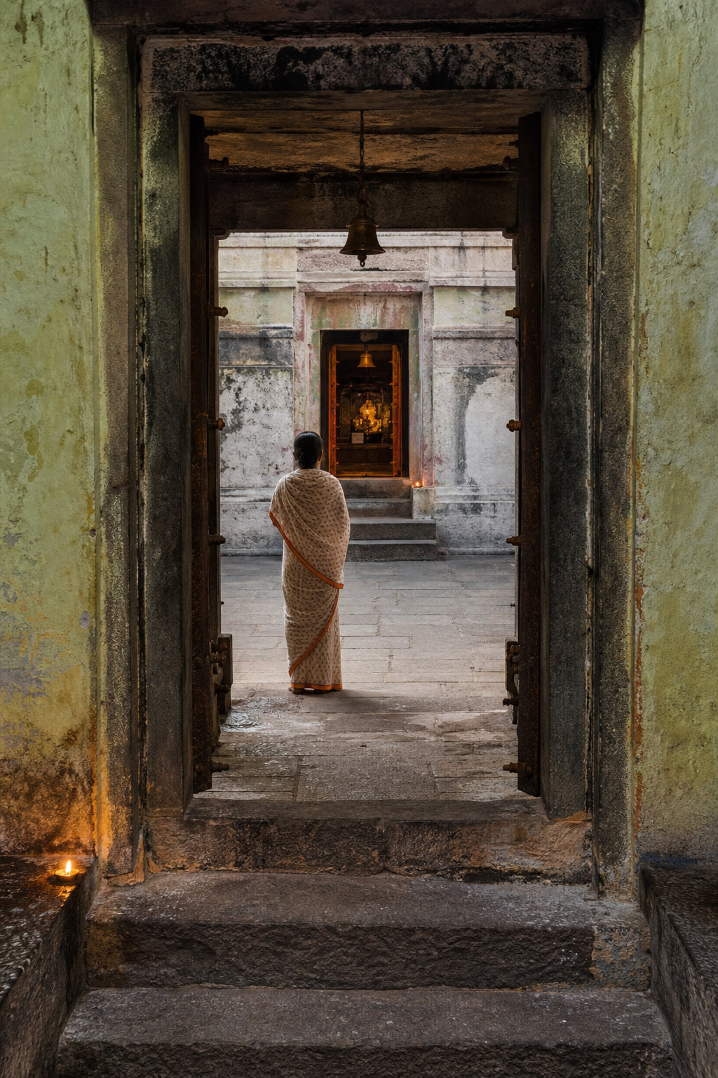 A worn stone doorway frames the passage, courtyard, and softly lit inner threshold of an active temple.