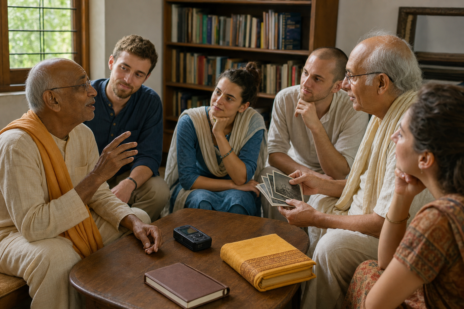 Older Vaishnava practitioners share memories with younger listeners around a table holding photographs, an audio recorder, a sacred book, and a notebook.