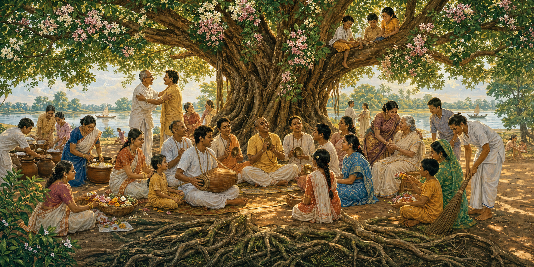 Devotees chant, serve food, welcome others, and care for one another beneath the connected branches of a large flowering tree.