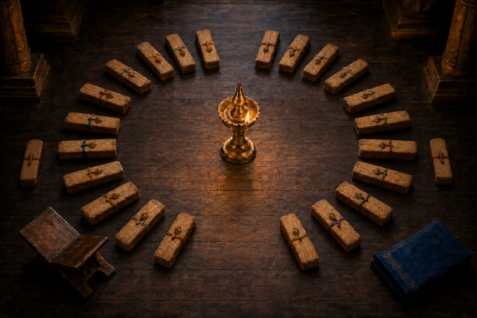 Twenty-four tied palm-leaf bundles are arranged in an ordered circle around a glowing brass oil lamp beside a reading stand.