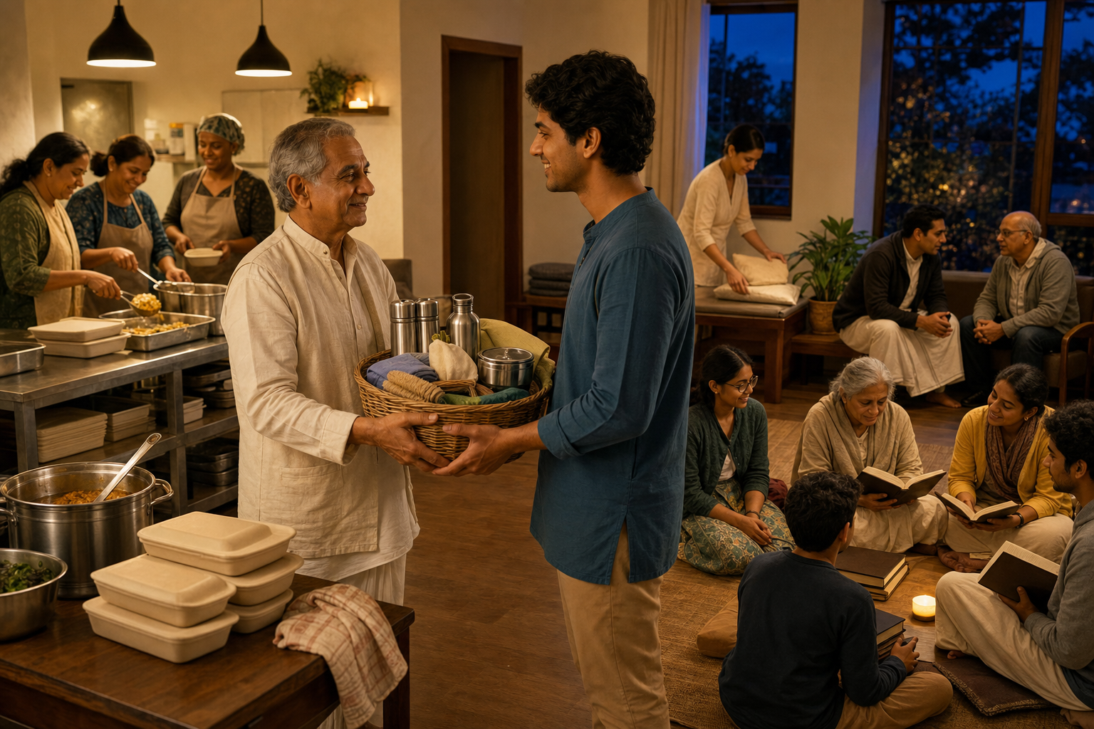 Devotees cook meals, prepare a guest area, study together, and pass service supplies from an older volunteer to a younger one in a community center.