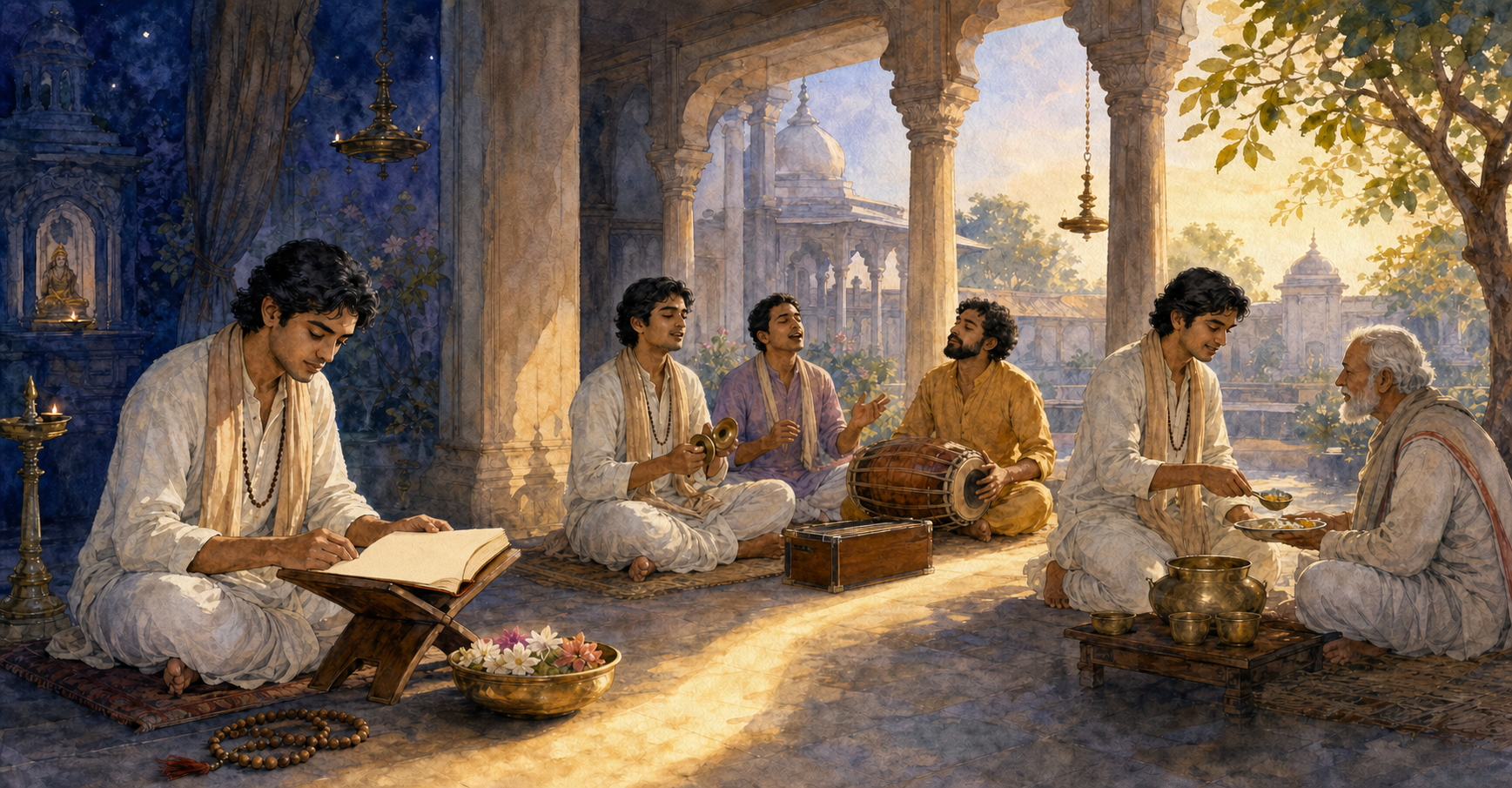 A practitioner reads at dawn, joins companions in chanting, and later serves a meal to an elderly guest in the same courtyard.