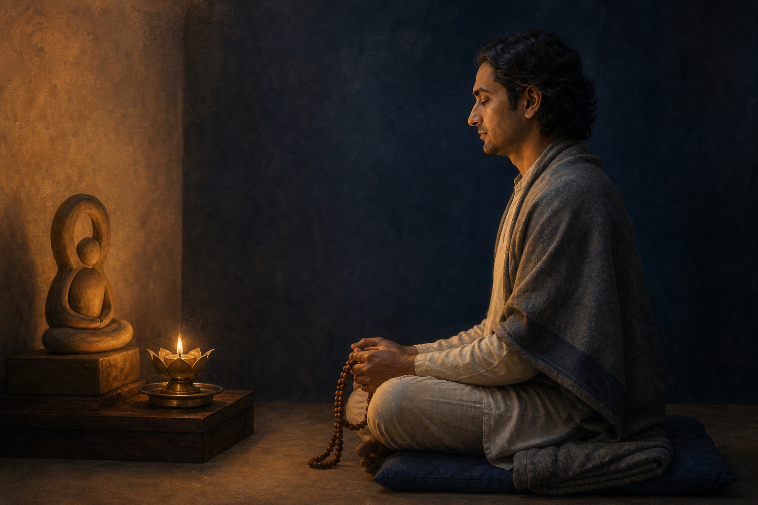 A relaxed practitioner sits upright with prayer beads before a lotus-shaped lamp and a simple sacred sculpture in warm evening light.