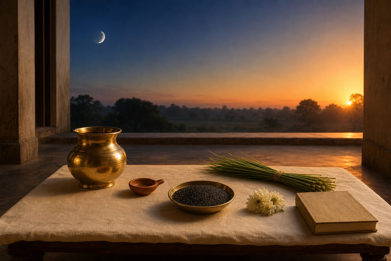 Brass ritual vessels, a clay lamp, black sesame seeds, kusha grass, and flowers arranged indoors as a waxing moon and early sunlight appear beyond the veranda.