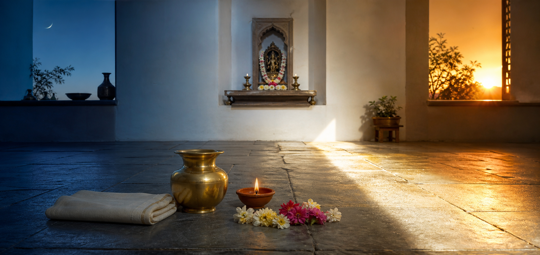 A single household ritual setting shown in changing light from morning through midday to late afternoon.