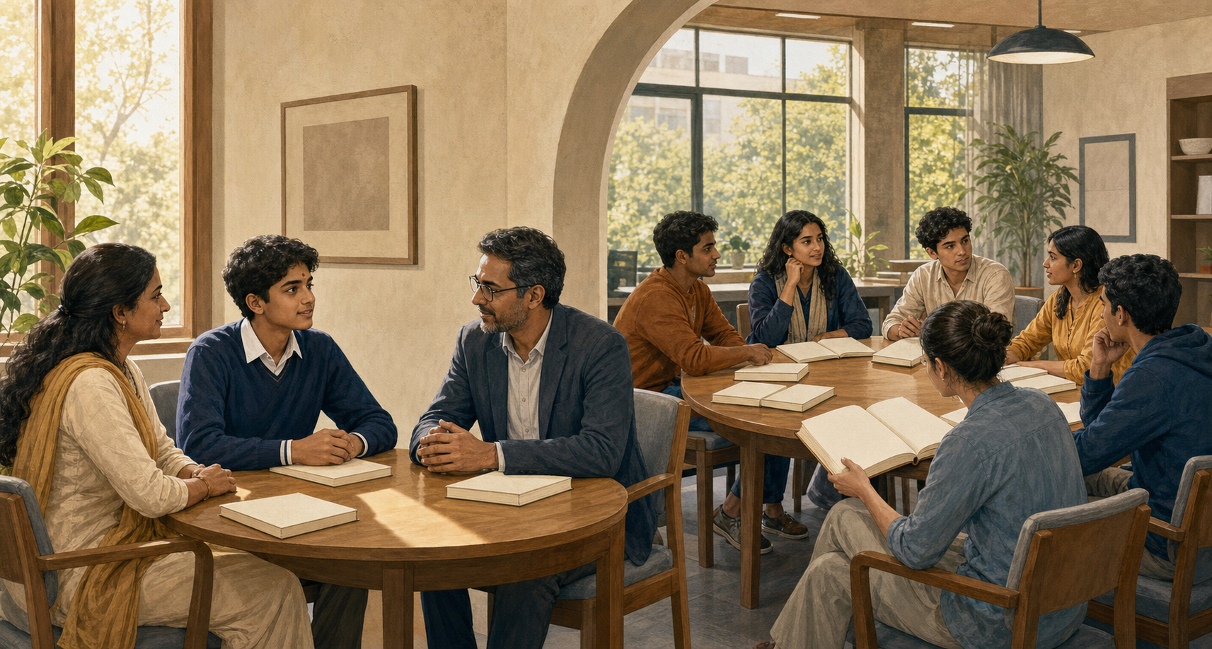 A Hindu school student and parent meet with an administrator beside a university seminar where diverse students discuss Hindu source materials.