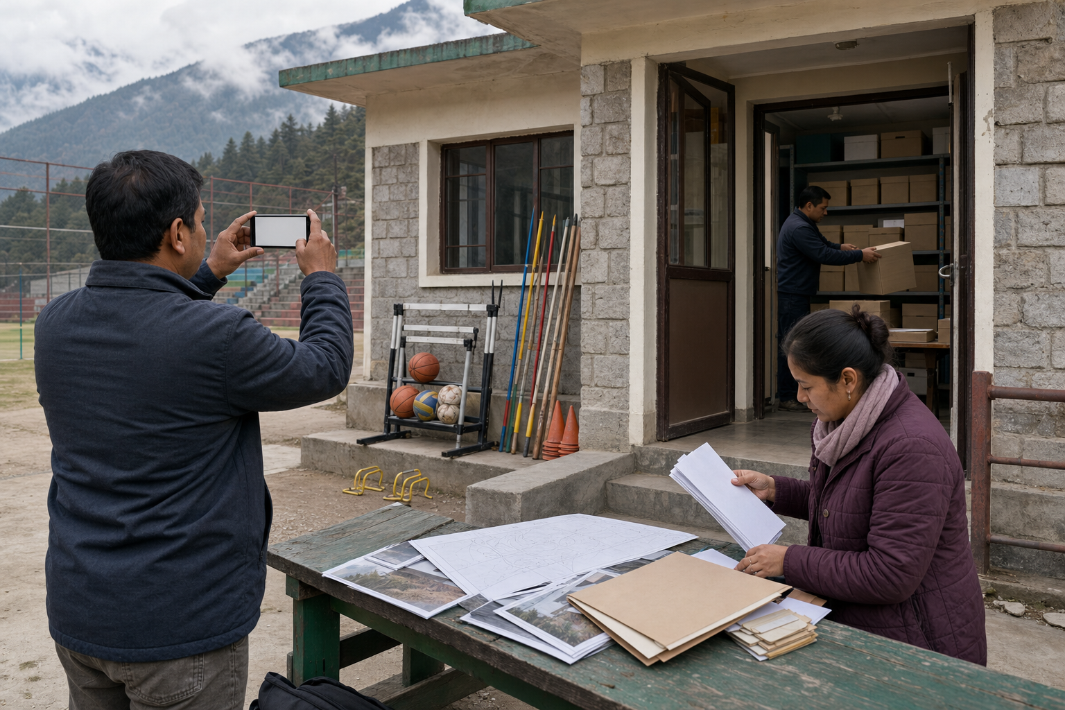 Residents photograph a public sports facility and organize documents while a records clerk retrieves files.