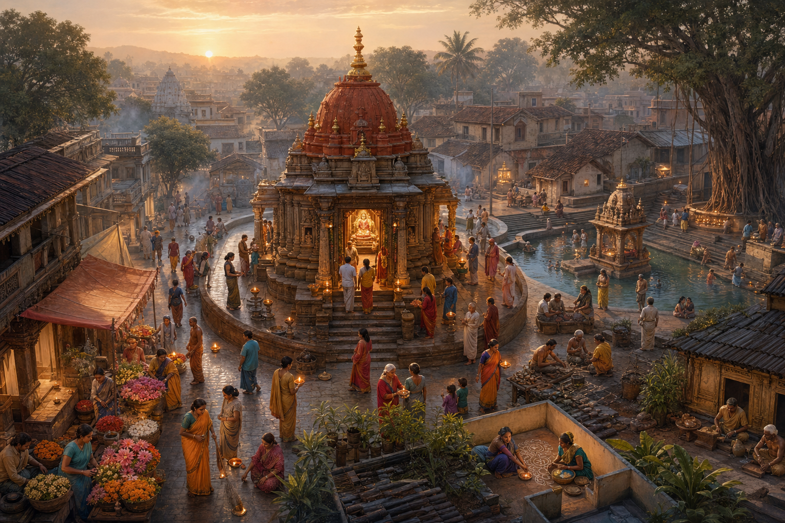 A temple town at dawn with residents carrying lamps between a Goddess shrine, homes, market lanes, trees, and a public water tank.