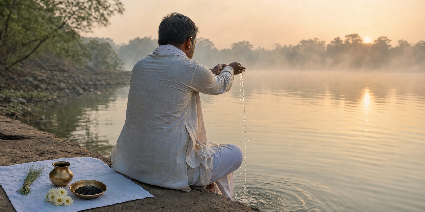 A devotee offers water from joined hands at a quiet riverbank beside a brass vessel, black sesame seeds, kusha grass, and flowers.