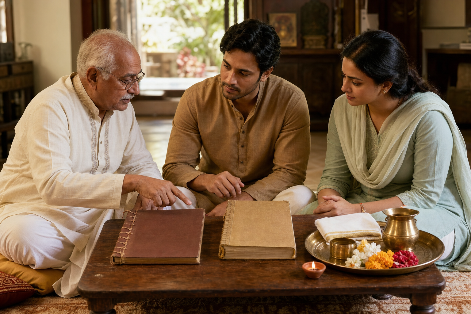Three generations of a family discuss ritual preparations beside two closed almanac volumes and a tray of worship items.