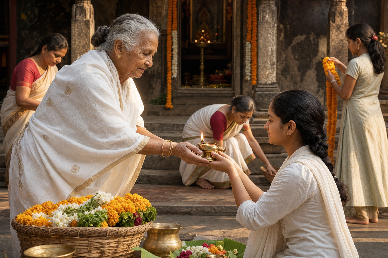 An elder hands a brass oil lamp to a younger person as community members prepare flowers and offerings in a temple courtyard.