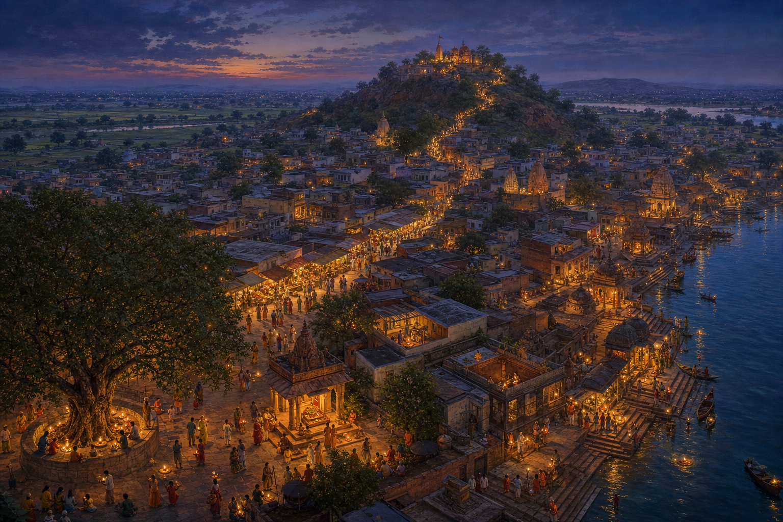 An elevated view of a sacred city linking a hill shrine, neighborhood temples, homes, market lanes, a river ghat, fields, and a water source.