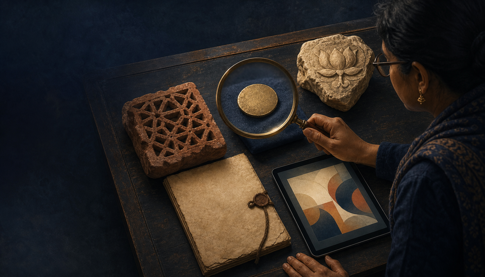 A researcher examines Mughal-style and Hindu cultural artifacts with a magnifying glass beside a text-free digital screen.