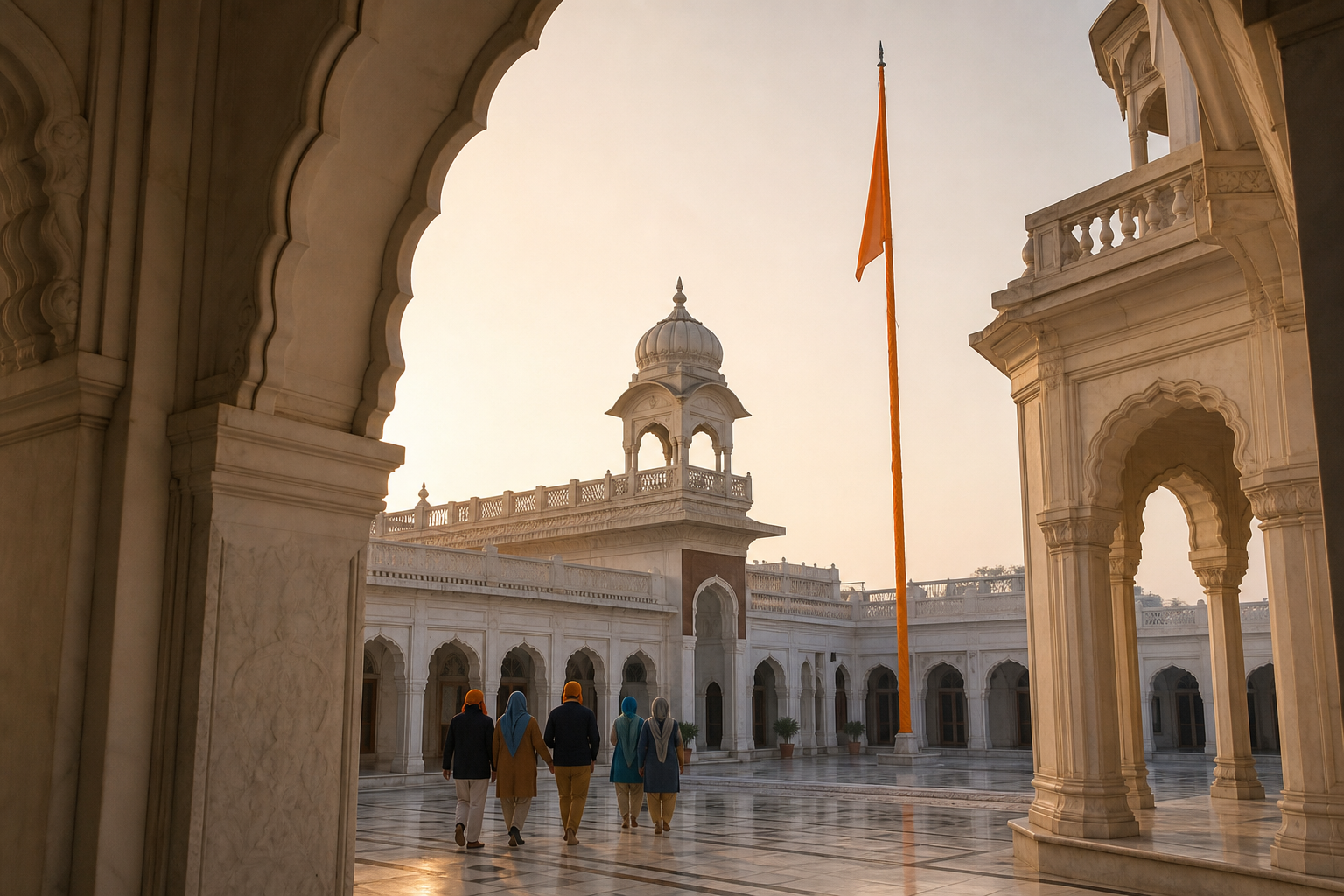 Visitors with covered heads approach a Sikh memorial courtyard beneath a tall saffron flag in early-morning light.