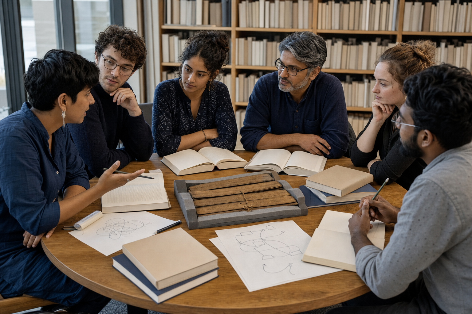 Diverse university students and a professor compare a palm-leaf manuscript facsimile and several editions during a Hindu studies seminar.