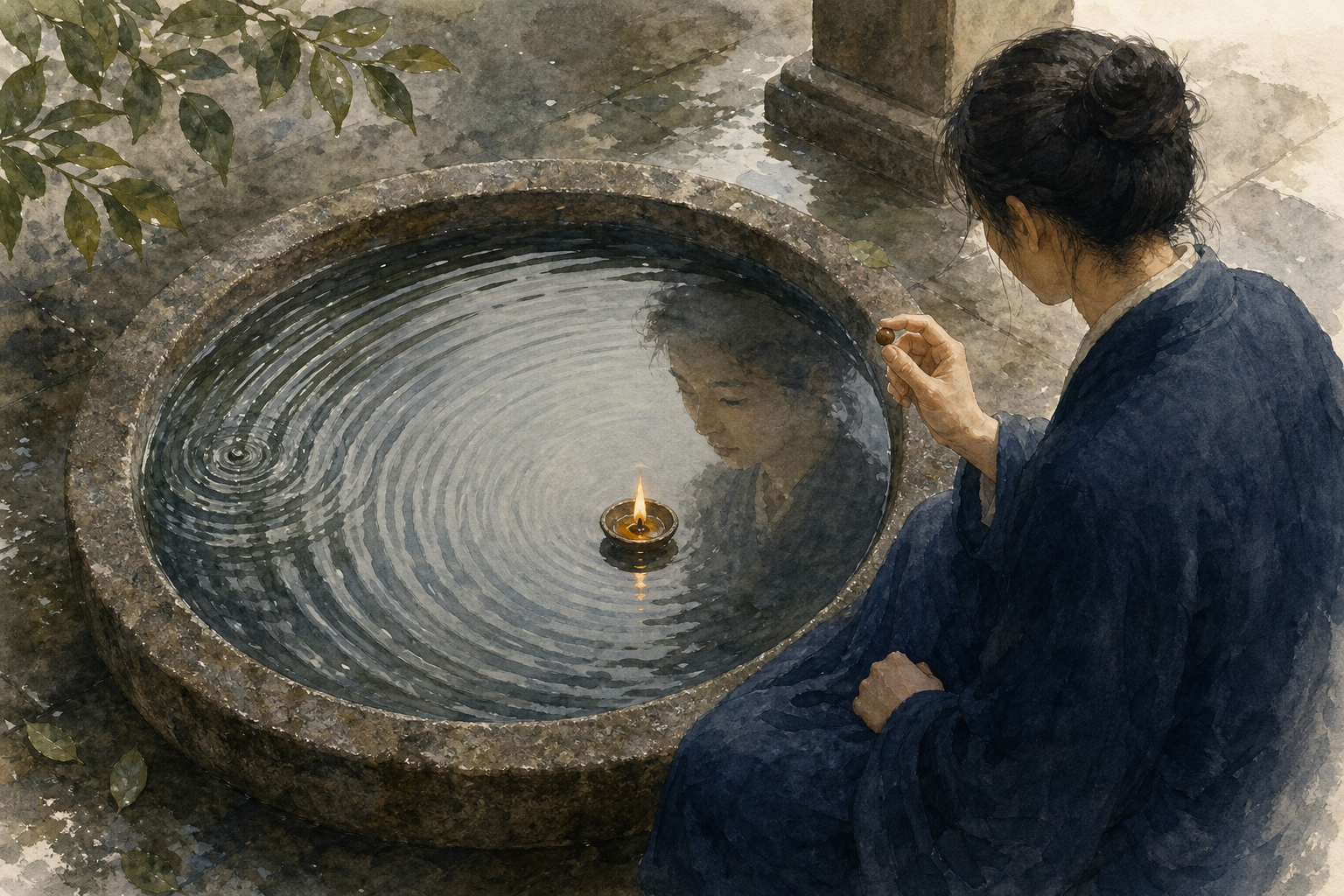 A practitioner holds one prayer bead beside a water basin where fading ripples surround reflections of a face and a steady oil flame.