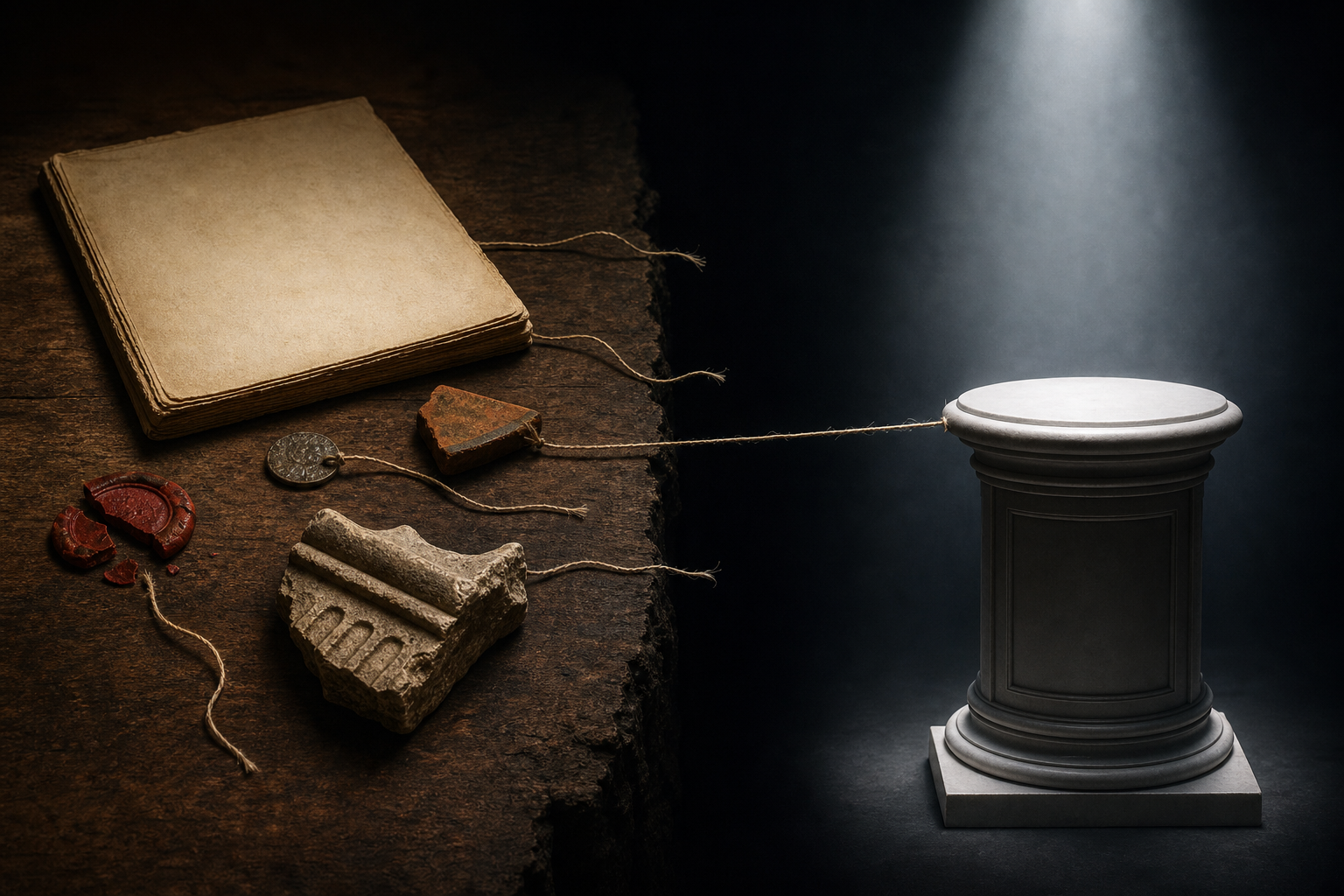 Historical artifacts on a worktable face an empty illuminated pedestal across a shadowed gap.