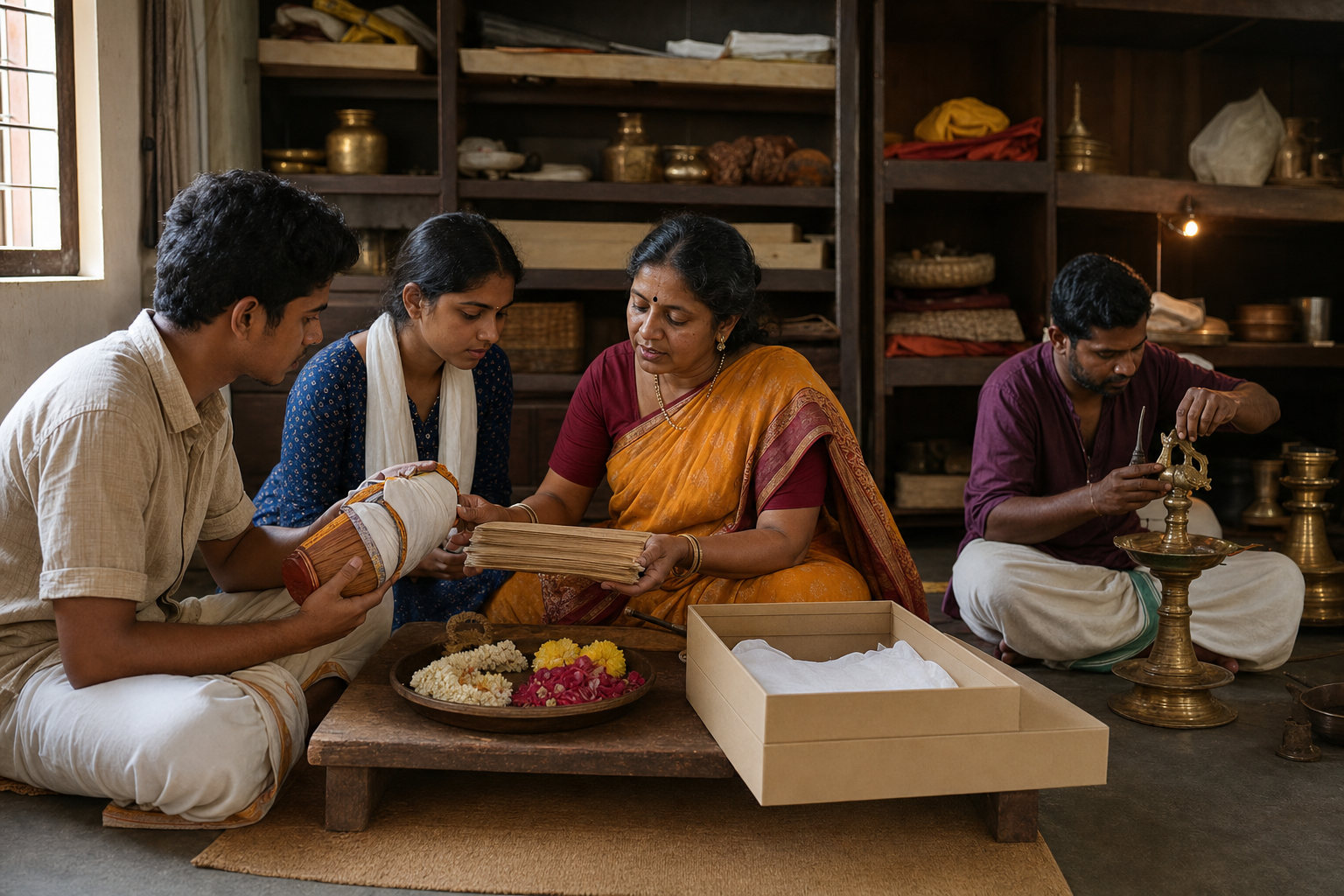 Temple custodians and younger community members examine ritual objects and conservation materials while an artisan repairs a ceremonial lamp.