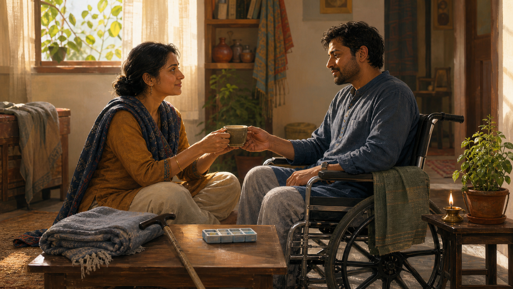 Two adults sit at the same eye level in a sunlit home, one using a wheelchair while the other offers tea beside a cane, a small lamp, and a tulsi plant.
