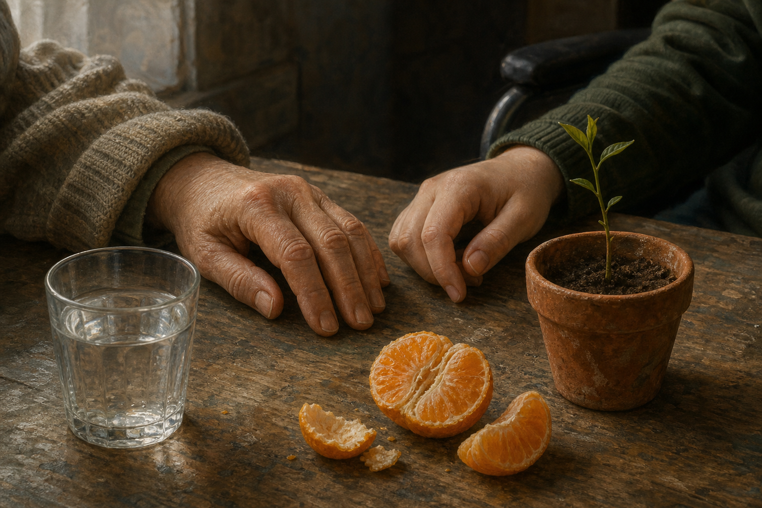 Two hands rest near each other on a wooden table beside orange segments, a glass of water, and a small green shoot in a clay pot.
