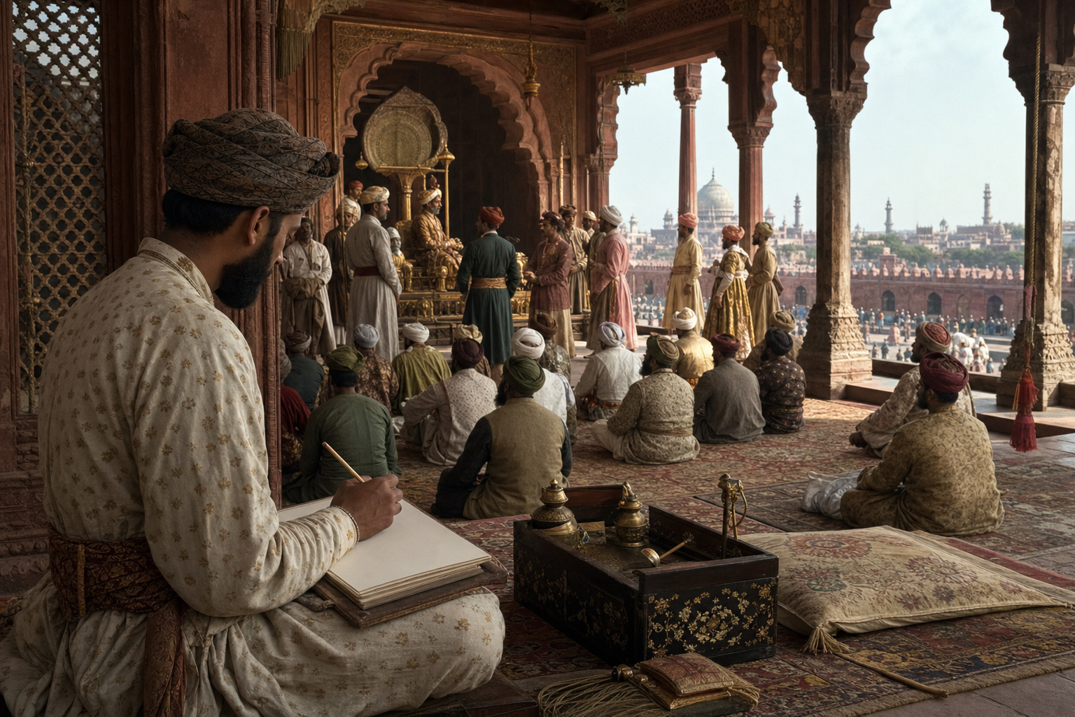 A Mughal court scribe observes an imperial audience while the city beyond the pavilion remains partly hidden by columns.