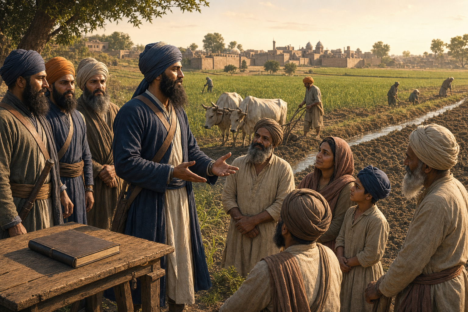 An eighteenth-century Sikh leader and companions meet farming families beside cultivated fields and an irrigation channel.